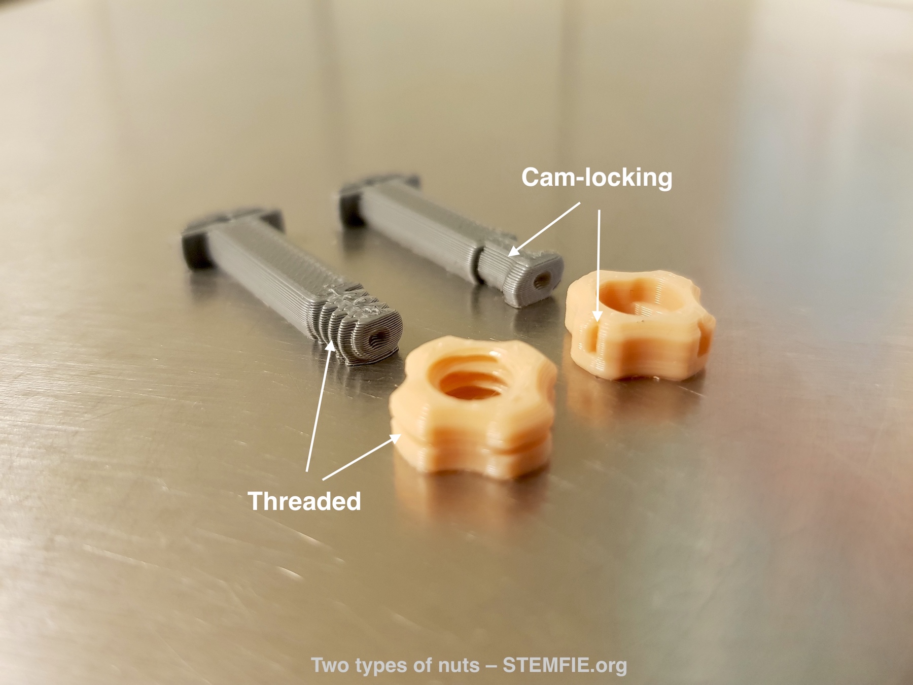 STEMFIE.org Two types of nuts with markings Cam locking and threaded v02