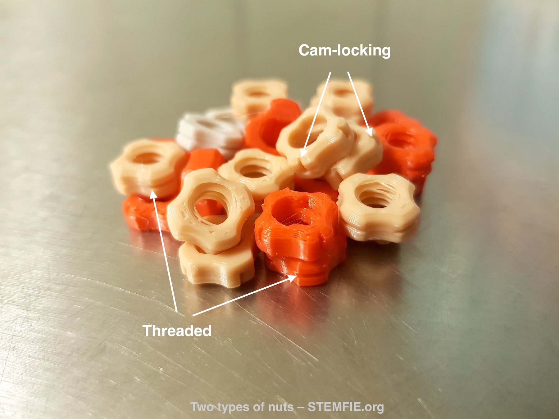 STEMFIE.org Two types of nuts with markings Cam locking and threaded v03